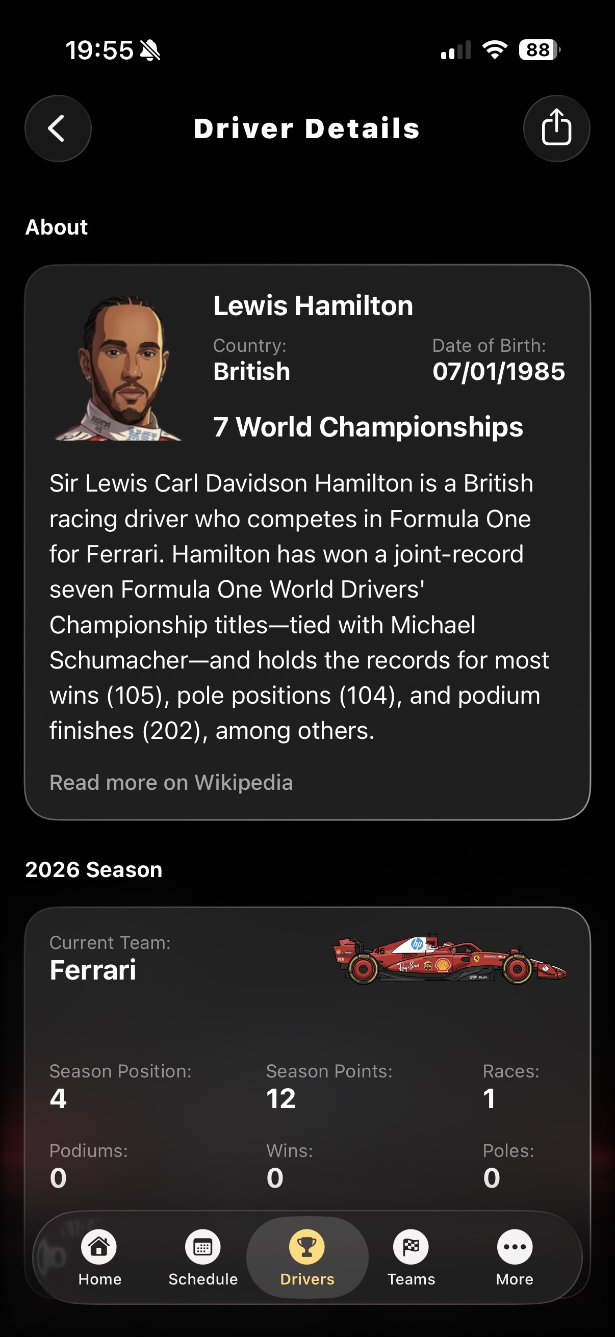 Driver profile showing career statistics, wins, and championship history