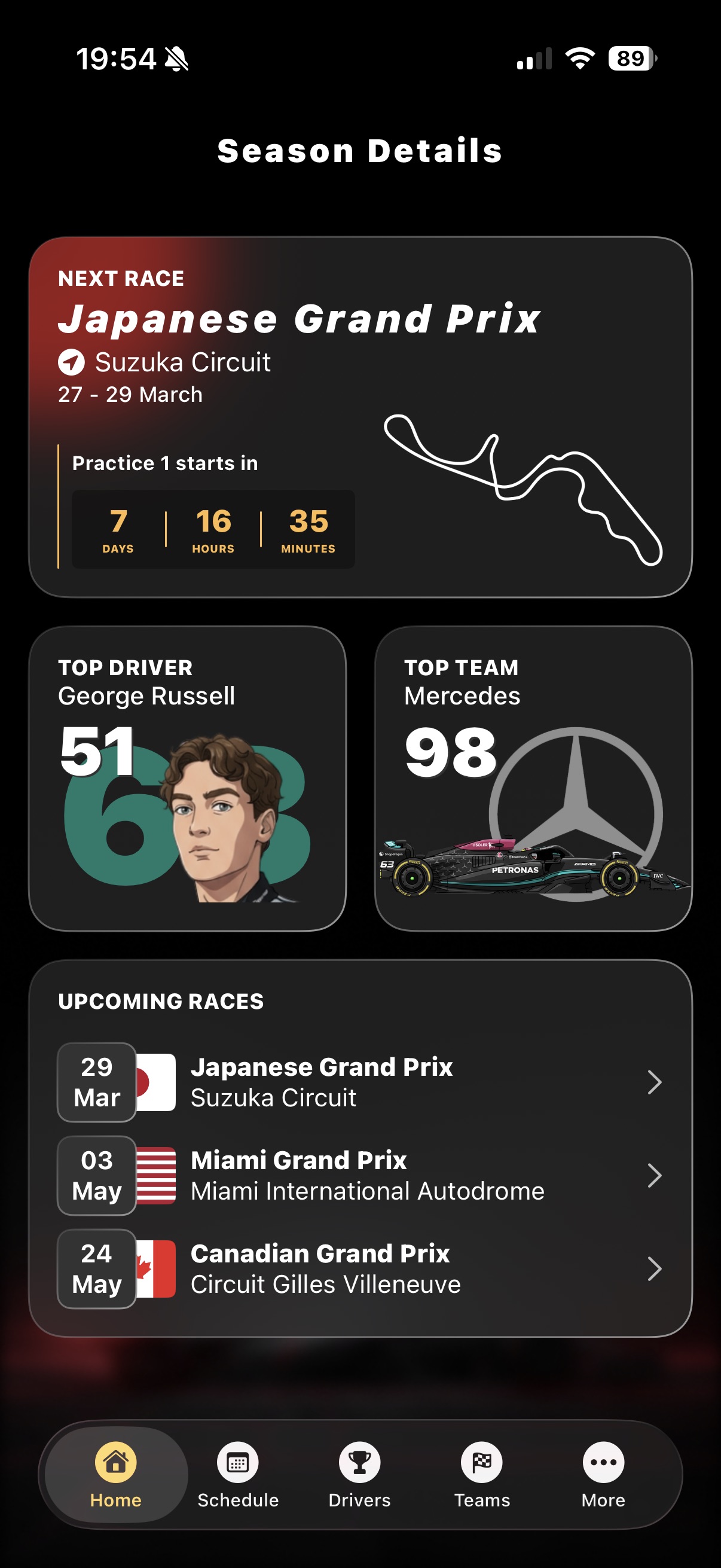 Dashboard with next race countdown, championship standings, and upcoming races