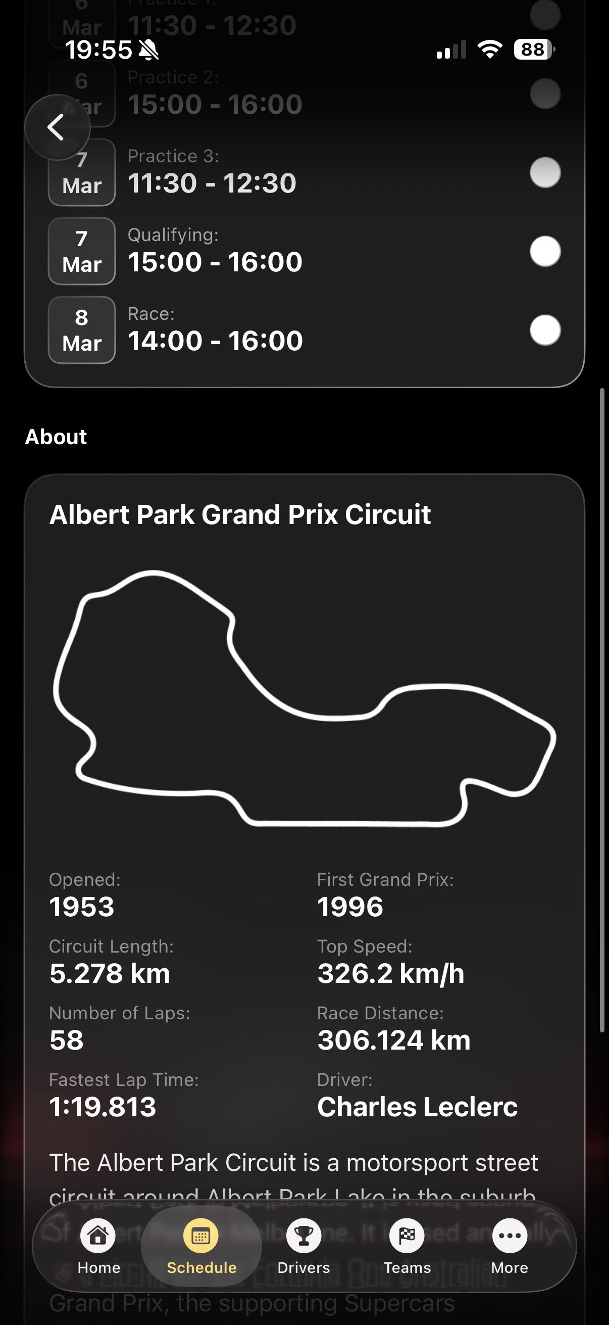 Race detail view with circuit map, session times, and track information