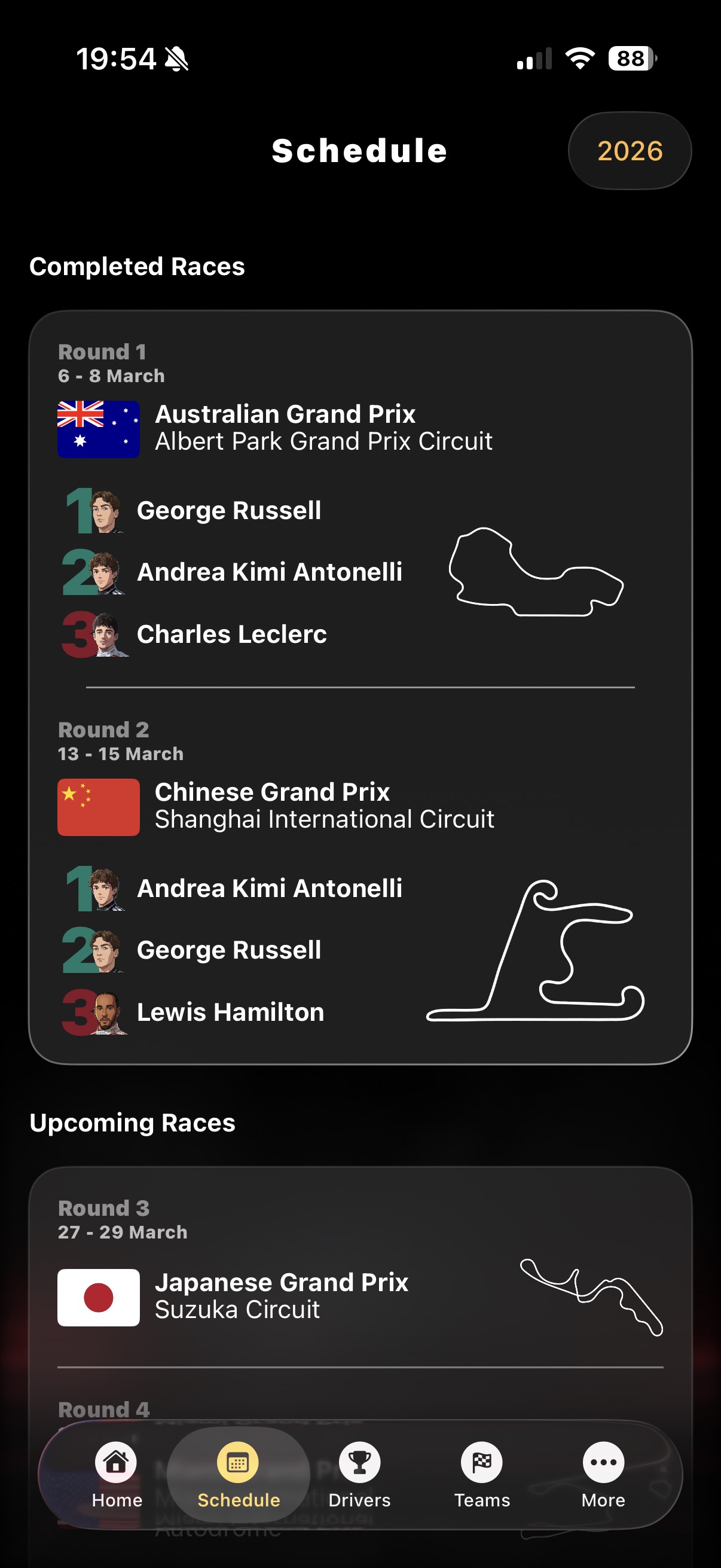 Full season calendar showing upcoming race weekends with circuit details