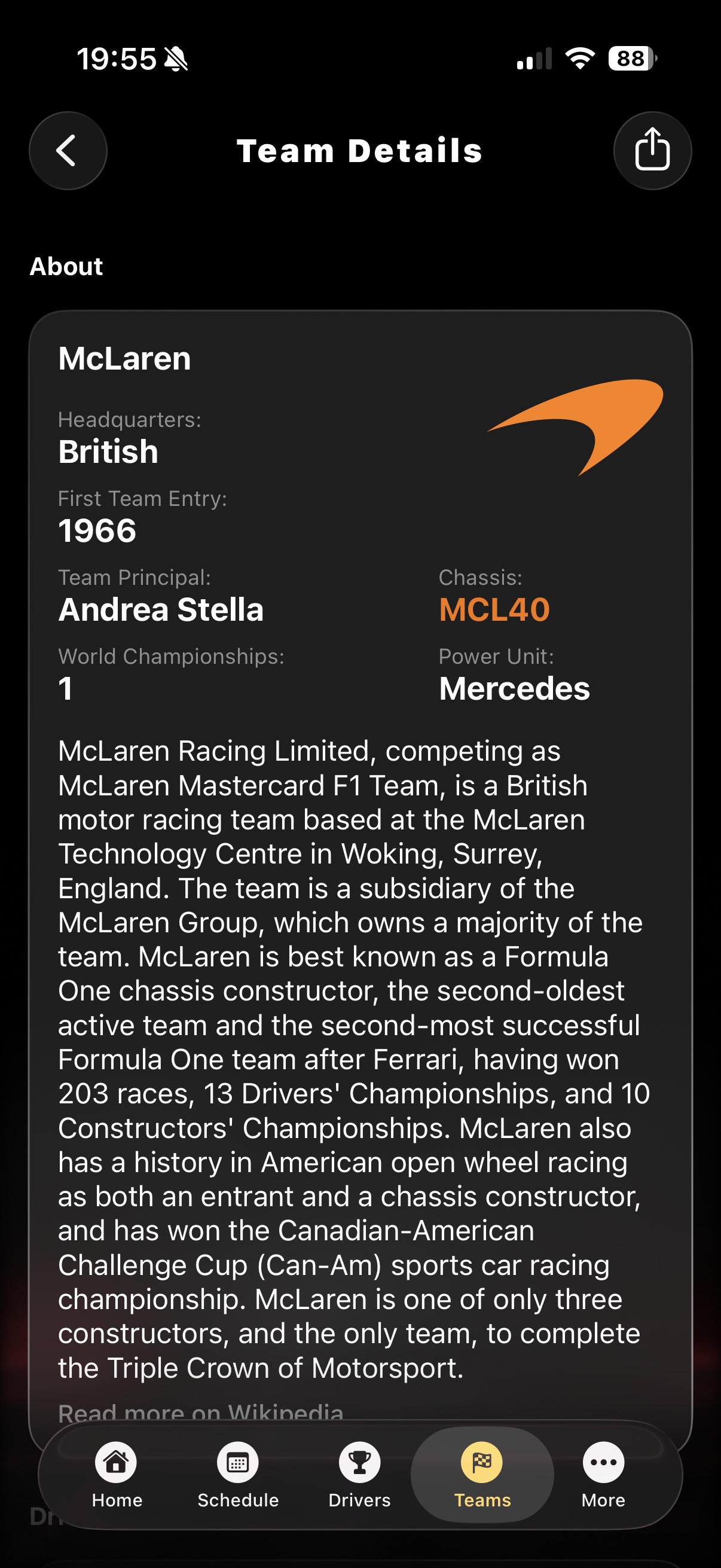 Constructors championship standings with team points and positions