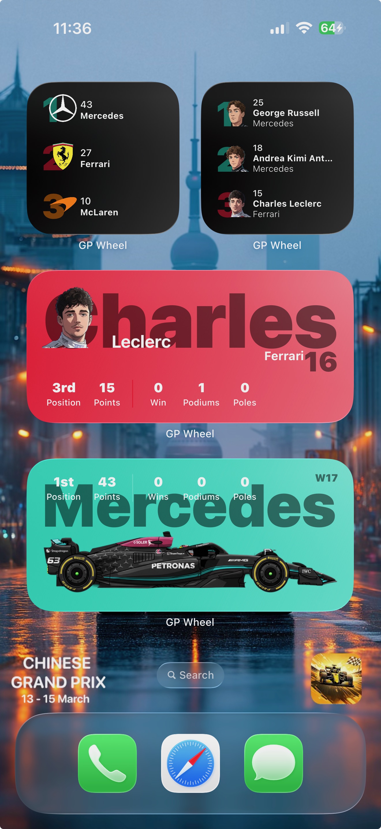 iPhone home screen showing GP Wheel widgets with race countdown and standings